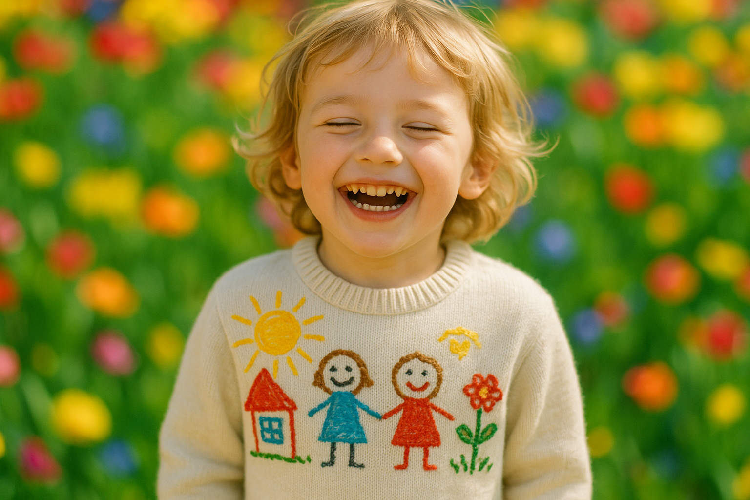 fa-mi o poza cu un copil care poarta o bluza pe care are un desen brodat, desen pe care il fac copiii mici pe foaie, acel tip de desene. sa fie totul intr-un cadru realist, poza sa fie maxim de realistica, tot cadrul sa fie cu colori frumoase, vesele, iar poza in sine sa exprime veselie. copil european